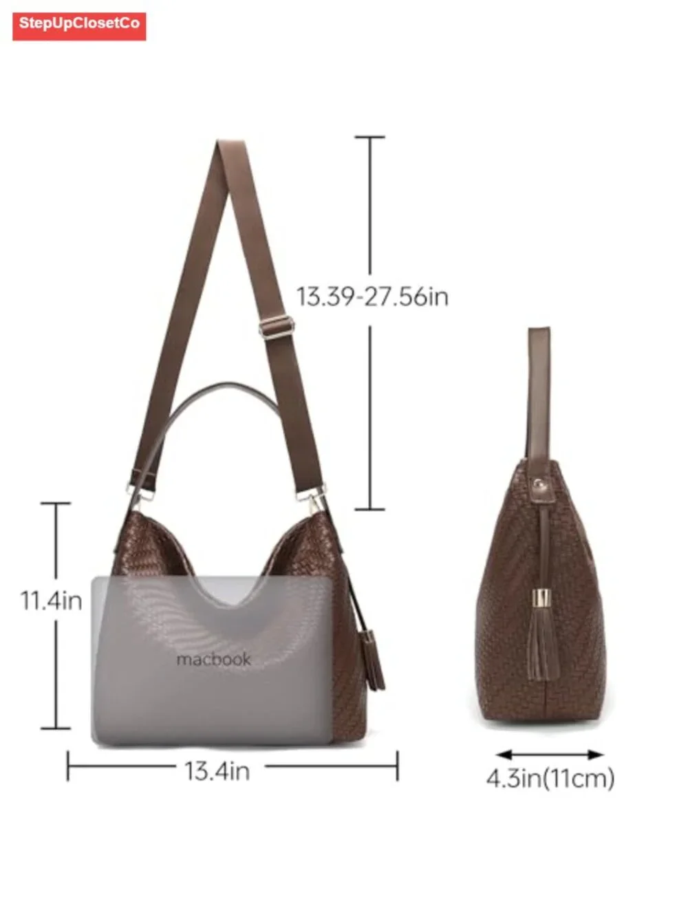 Handwoven Faux Leather Hobo Tote Bag with Tassel, Adjustable Straps, Large